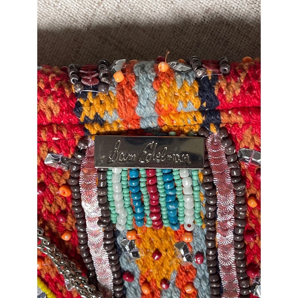 Sam Edelman Beaded Tapestry Crossbody Clutch Bag Boho Fringe Multi Color Chain - Picture 3 of 5